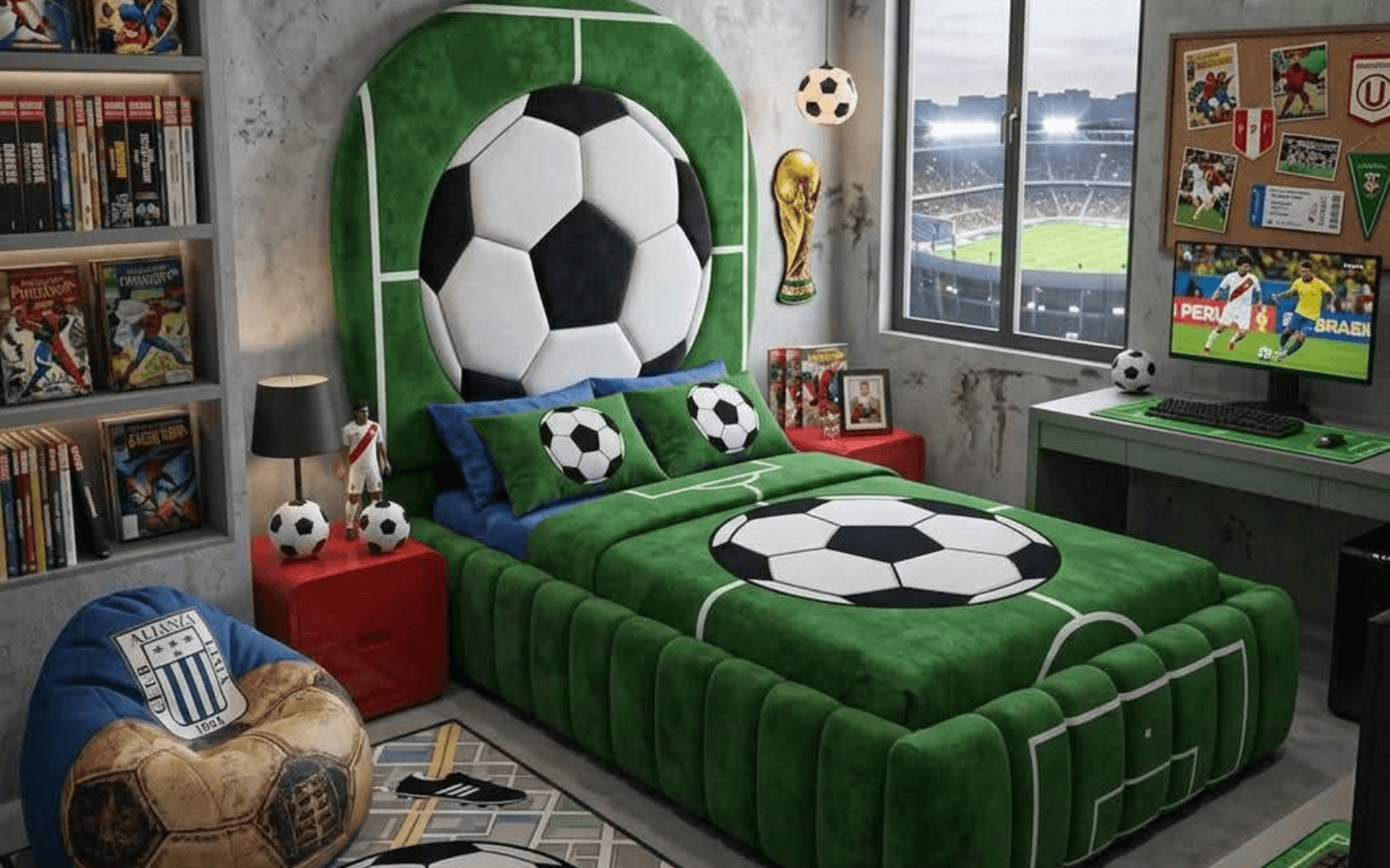 Football bedroom with a green upholstered bed and an arched headboard shaped as a soccer ball in a goal