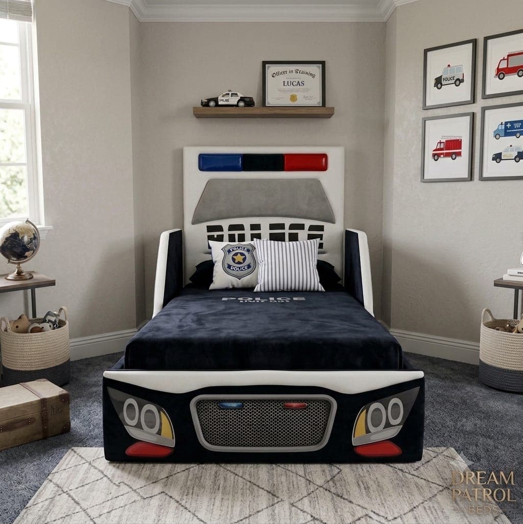 Police Car Bed styled in a child's room, the white headboard carrying a red and blue light bar and a windscreen panel while the footboard is upholstered as the car's front grille and headlights